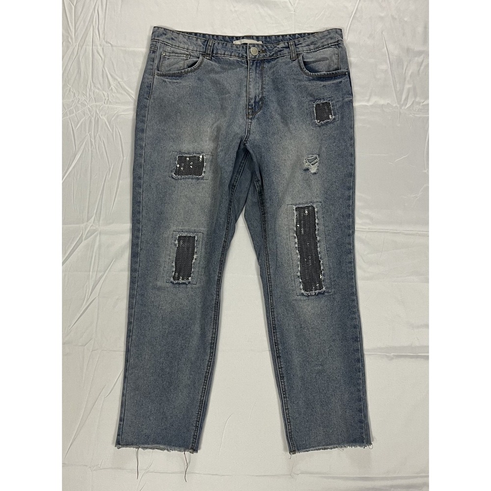 Legit Denim Womens 17 Sequin Patch Distressed Raw Hem Boyfriend Crop Jeans Blue